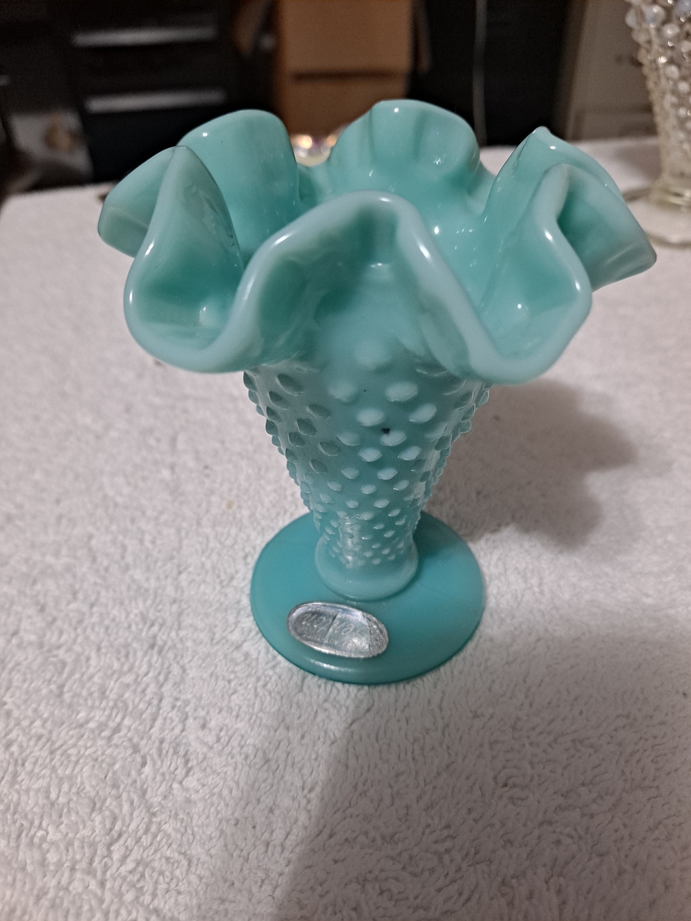 Vintage Style Aqua Hobnail Trumpet Vase